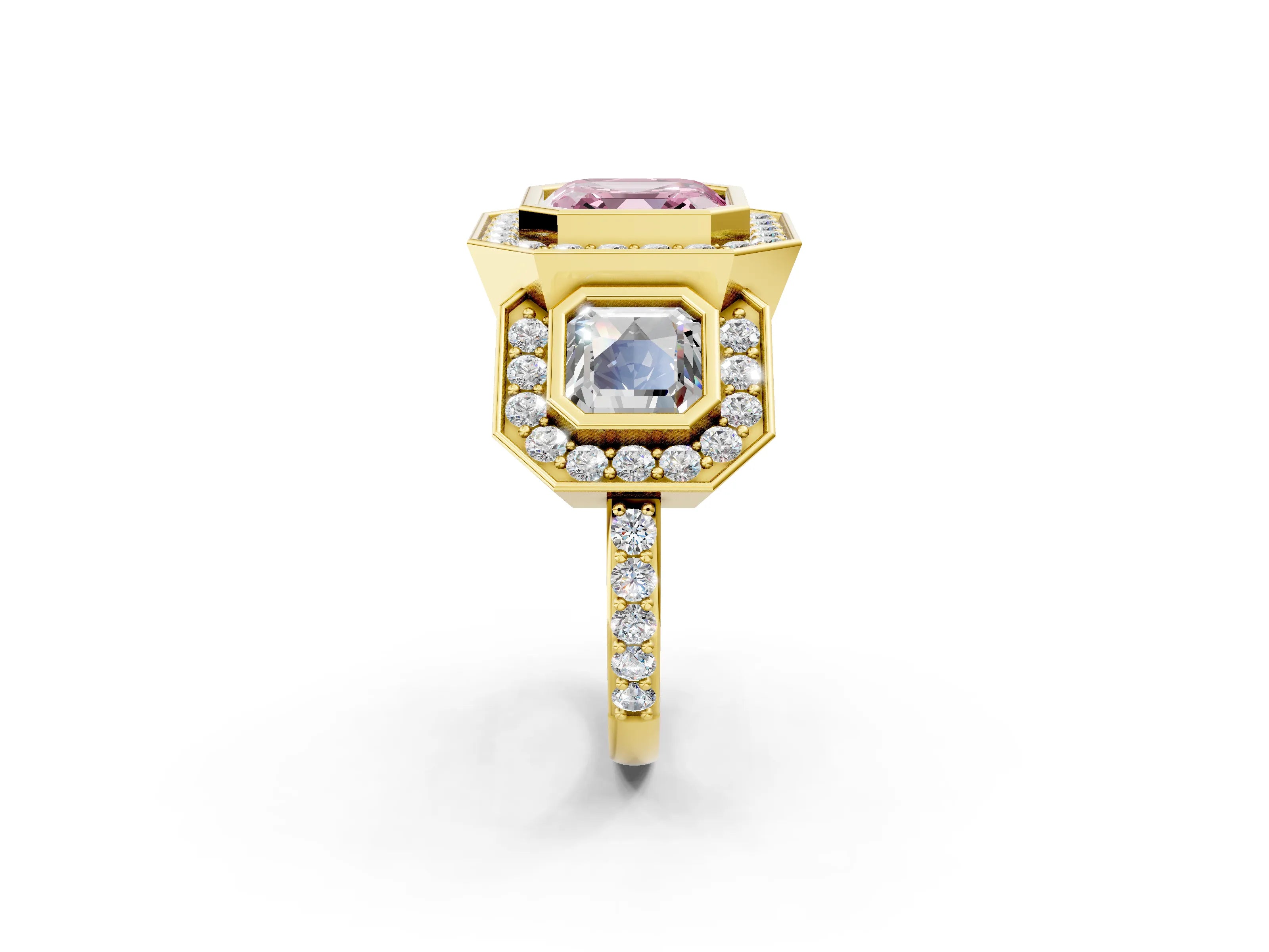 Yellow gold Three-Stone Fancy Pink Asscher Cut Halo Pavé Diamond Ring_2