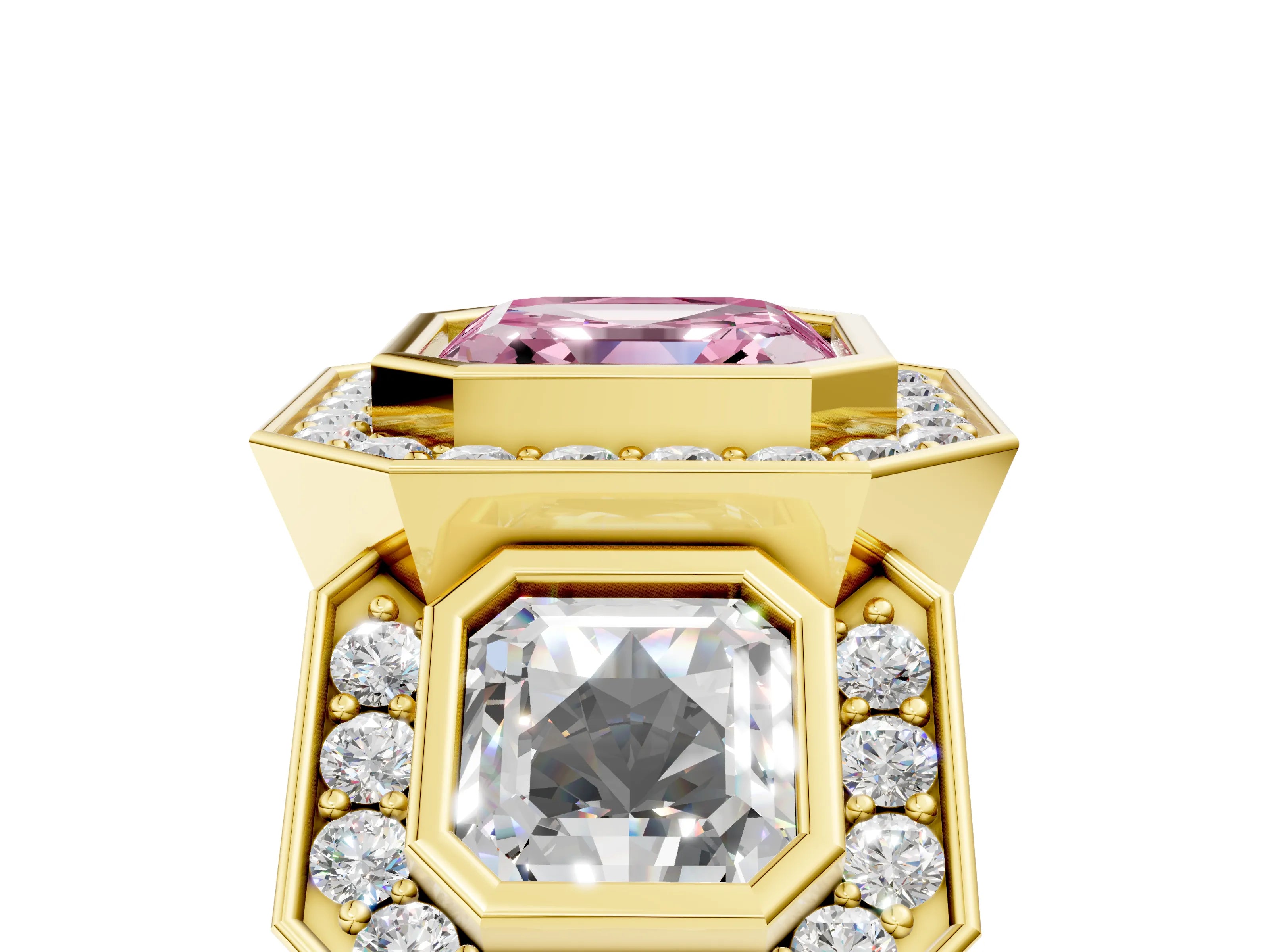 Yellow gold Three-Stone Fancy Pink Asscher Cut Halo Pavé Diamond Ring_5