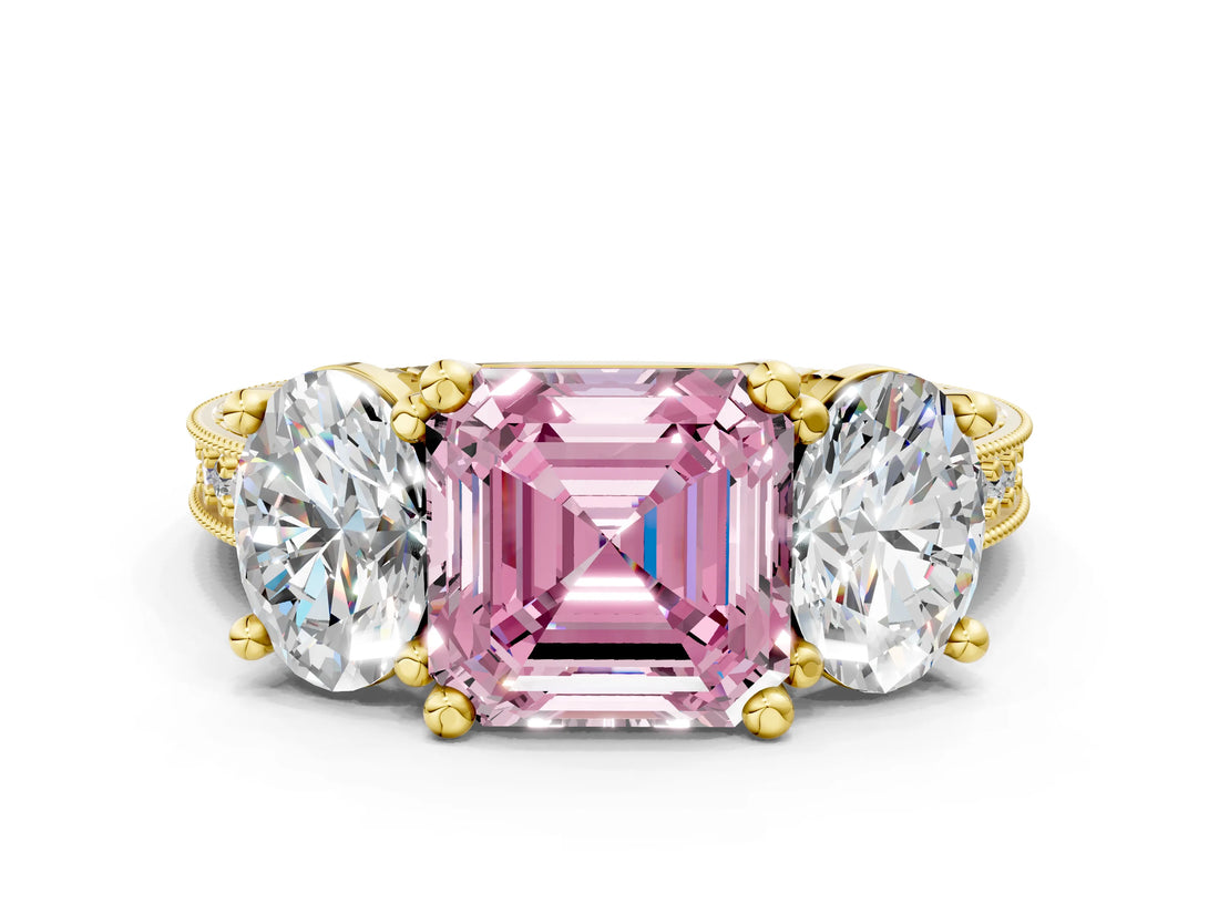 Yellow gold Three-Stone Fancy Pink Asscher  Diamond Milgrain Pave Band with Prong Setting 1