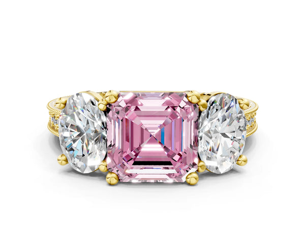Yellow Gold Asscher Cut Three-Stone Engagement Ring Setting for Fancy Pink Center with Pave Band