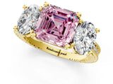 Yellow gold Three-Stone Fancy Pink Asscher  Diamond Milgrain Pave Band with Prong Setting 2