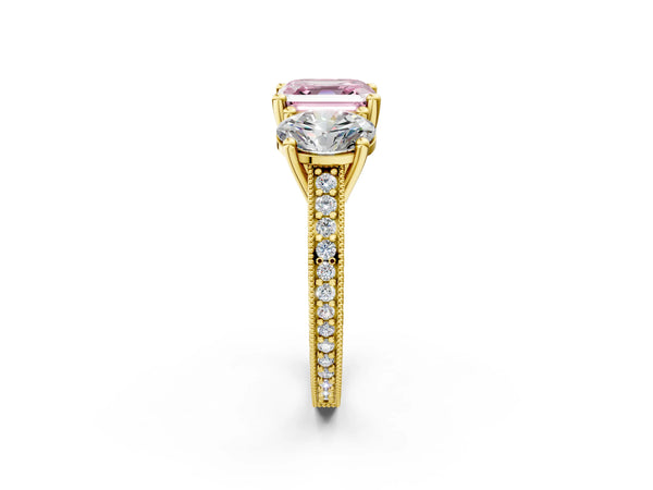 Yellow Gold Asscher Cut Three-Stone Engagement Ring Setting for Fancy Pink Center with Pave Band