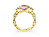 Yellow gold Three-Stone Fancy Pink Asscher  Diamond Milgrain Pave Band with Prong Setting 4