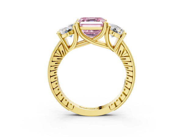 Yellow Gold Asscher Cut Three-Stone Engagement Ring Setting for Fancy Pink Center with Pave Band