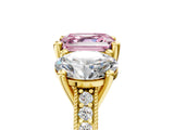 Yellow gold Three-Stone Fancy Pink Asscher  Diamond Milgrain Pave Band with Prong Setting