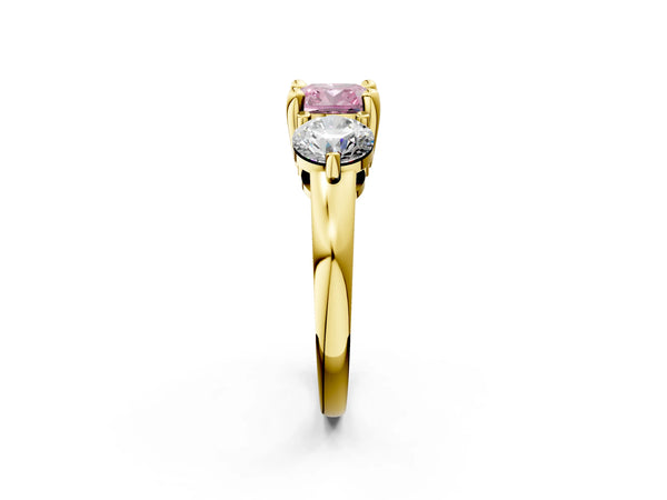 Yellow gold Three-Stone Fancy Pink Cushion  Brilliant Cut Solitaire Ring with Prong Setting on a Classic Band