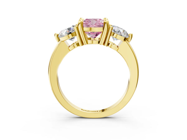 Yellow gold Three-Stone Fancy Pink Cushion  Brilliant Cut Solitaire Ring with Prong Setting on a Classic Band