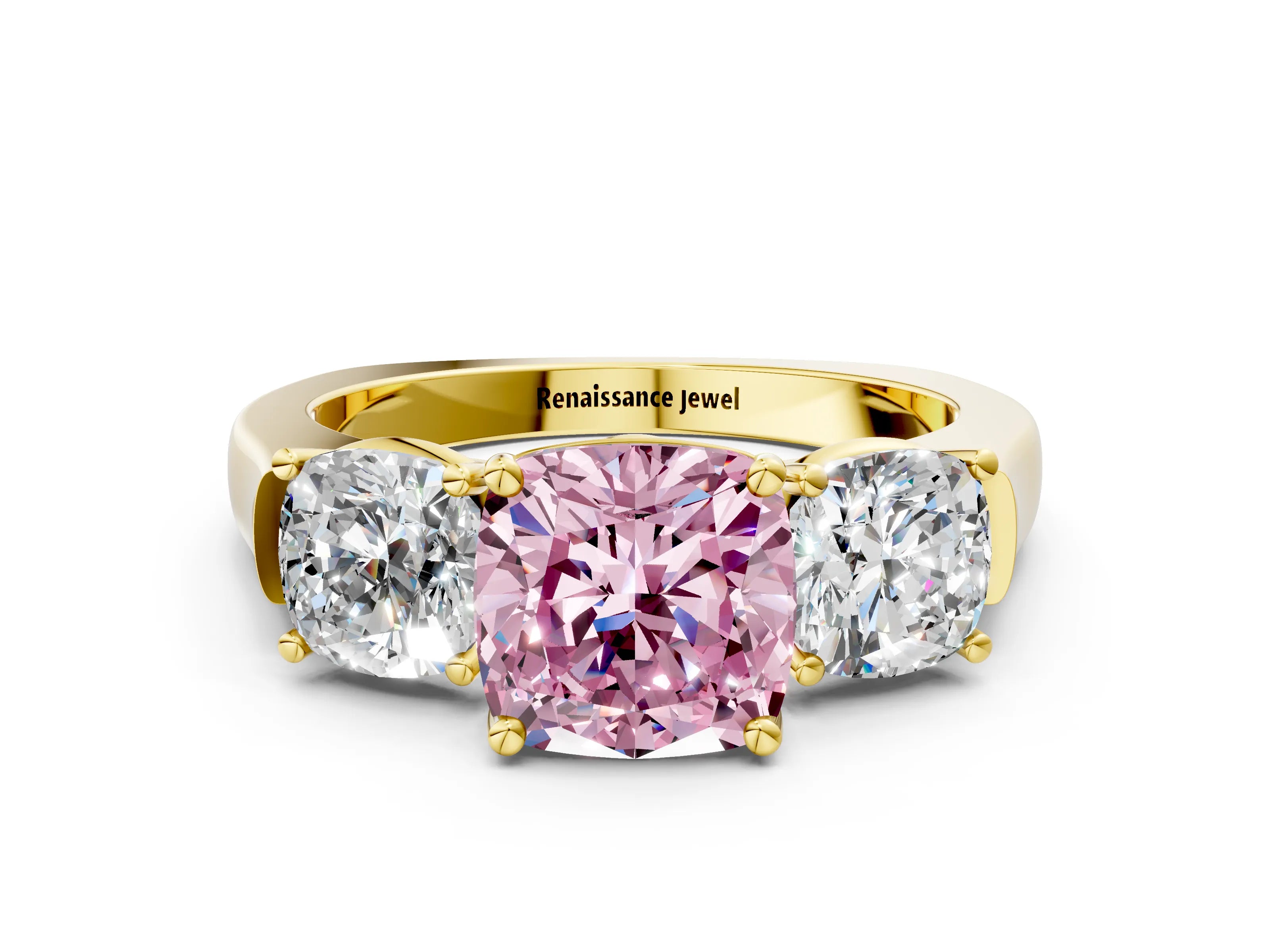 Yellow gold Three-Stone Fancy Pink Cushion Cut Brilliant Diamond Trellis Ring with Comfort Fit Band