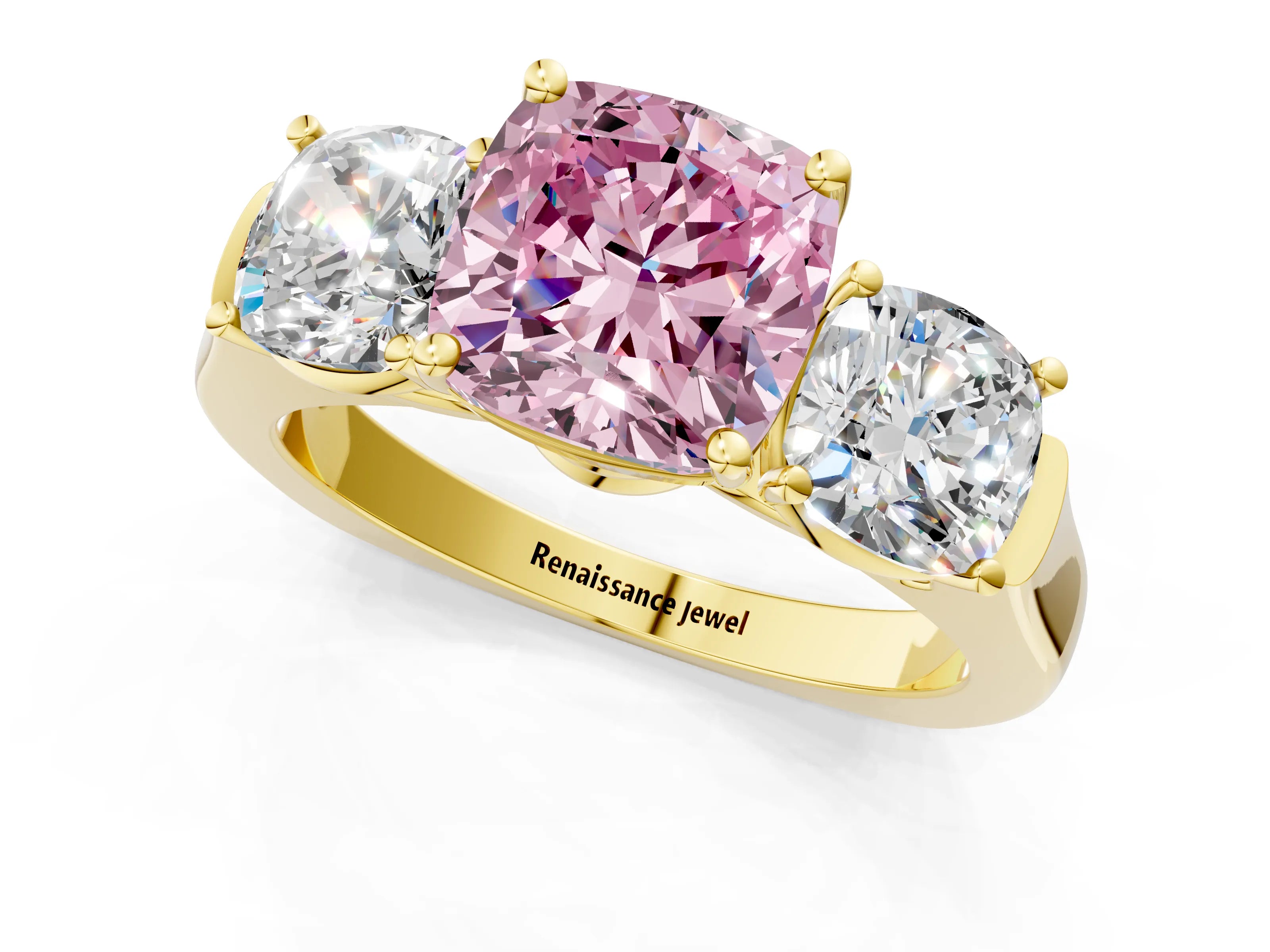 Yellow gold Three-Stone Fancy Pink Cushion Cut Brilliant Diamond Trellis Ring with Comfort Fit Band_1