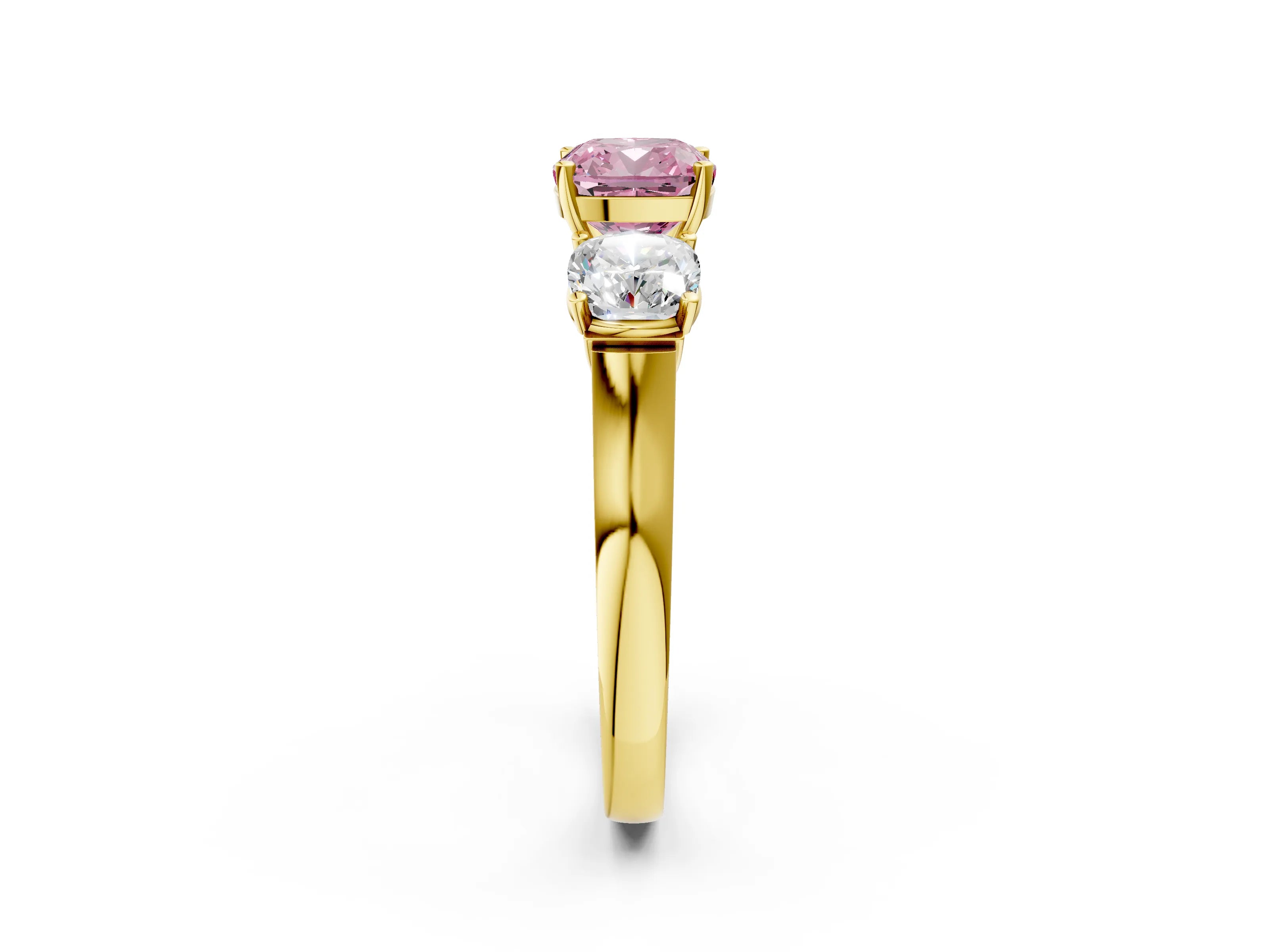 Yellow gold Three-Stone Fancy Pink Cushion Cut Brilliant Diamond Trellis Ring with Comfort Fit Band_2