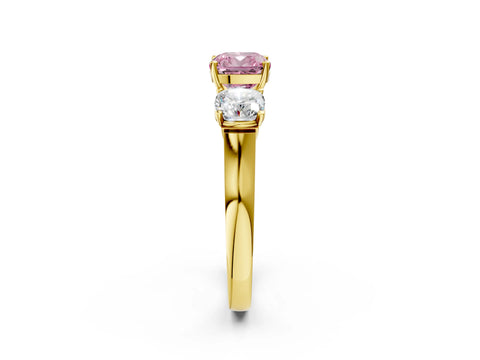 Yellow gold Three-Stone Fancy Pink Cushion Cut Brilliant Diamond Trellis Ring with Comfort Fit Band_2