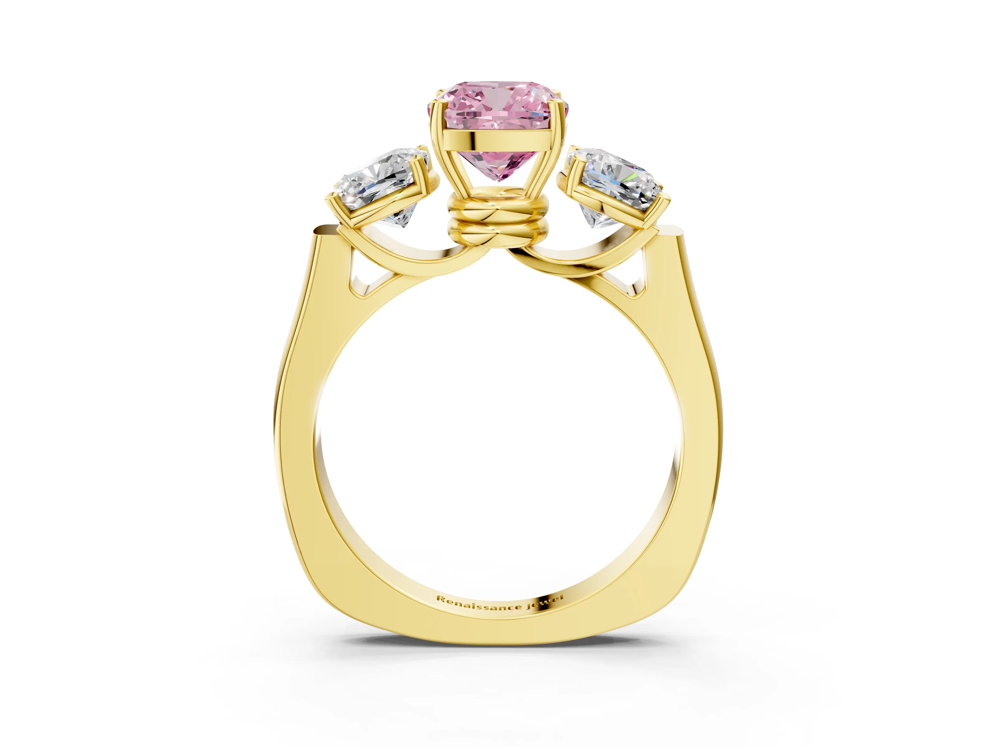 Yellow gold Three-Stone Fancy Pink Cushion Cut Brilliant Diamond Trellis Ring with Comfort Fit Band_3