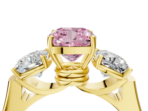 Yellow gold Three-Stone Fancy Pink Cushion Cut Brilliant Diamond Trellis Ring with Comfort Fit Band_4