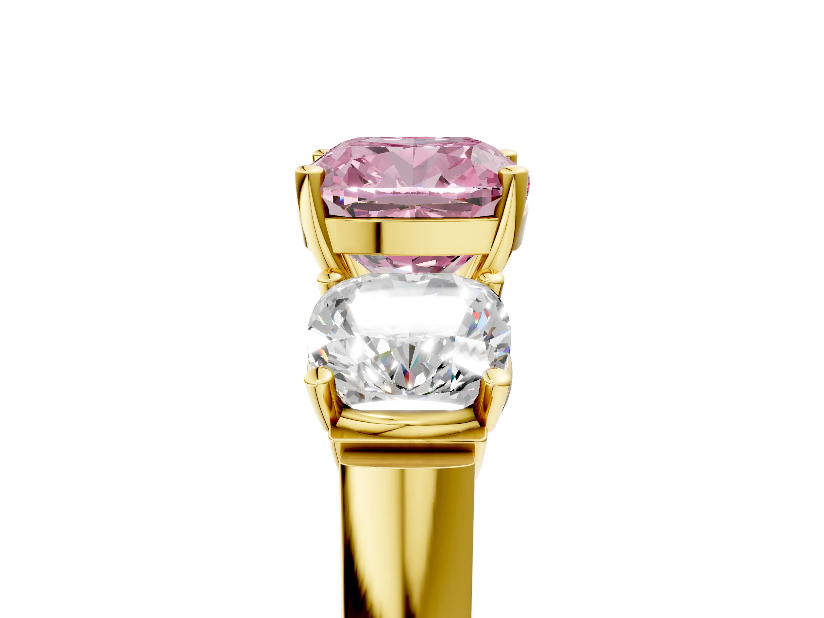 Yellow gold Three-Stone Fancy Pink Cushion Cut Brilliant Diamond Trellis Ring with Comfort Fit Band_5