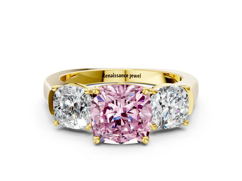 Yellow gold Three-Stone Fancy Pink Cushion Cut Brilliant Diamond Trellis Ring with Comfort Fit Band