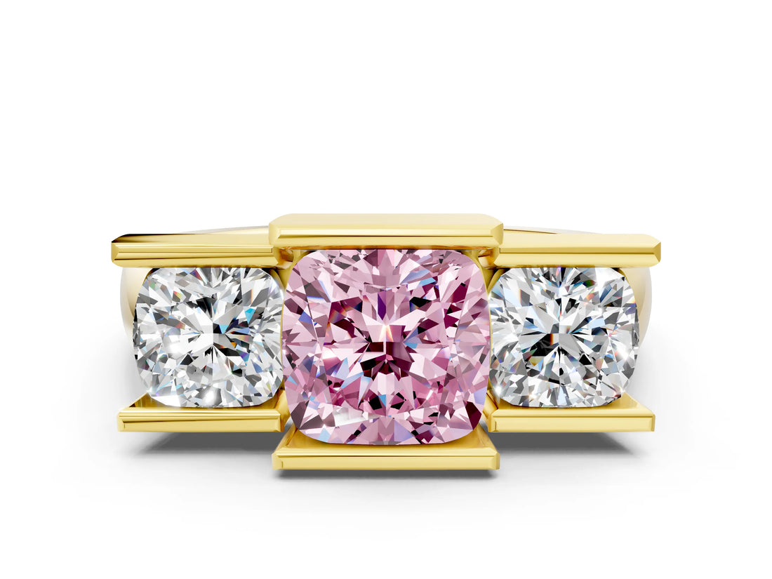 Yellow gold Three Stone Fancy Pink Cushion Cut Cut Channel Set Diamond Ring
