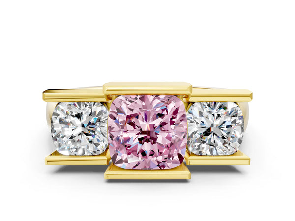 Yellow Gold Cushion Cut Channel Set Three Stone Engagement Ring Setting for Fancy Pink Center