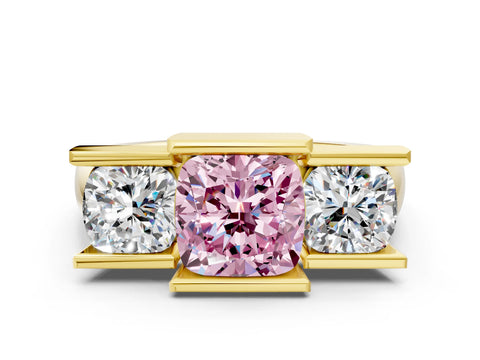Yellow gold Three Stone Fancy Pink Cushion Cut Cut Channel Set Diamond Ring