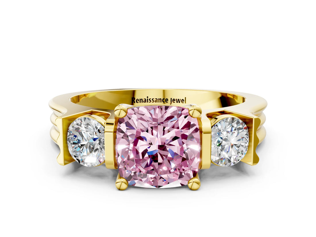 Yellow gold Three-Stone Fancy Pink Cushion Cut Cut Classic Band Prong Setting Ring