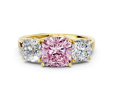 Yellow gold Three-Stone Fancy Pink Cushion Cut Cut Diamond Engagement Ring with Flat Band and Four-Prong Setting