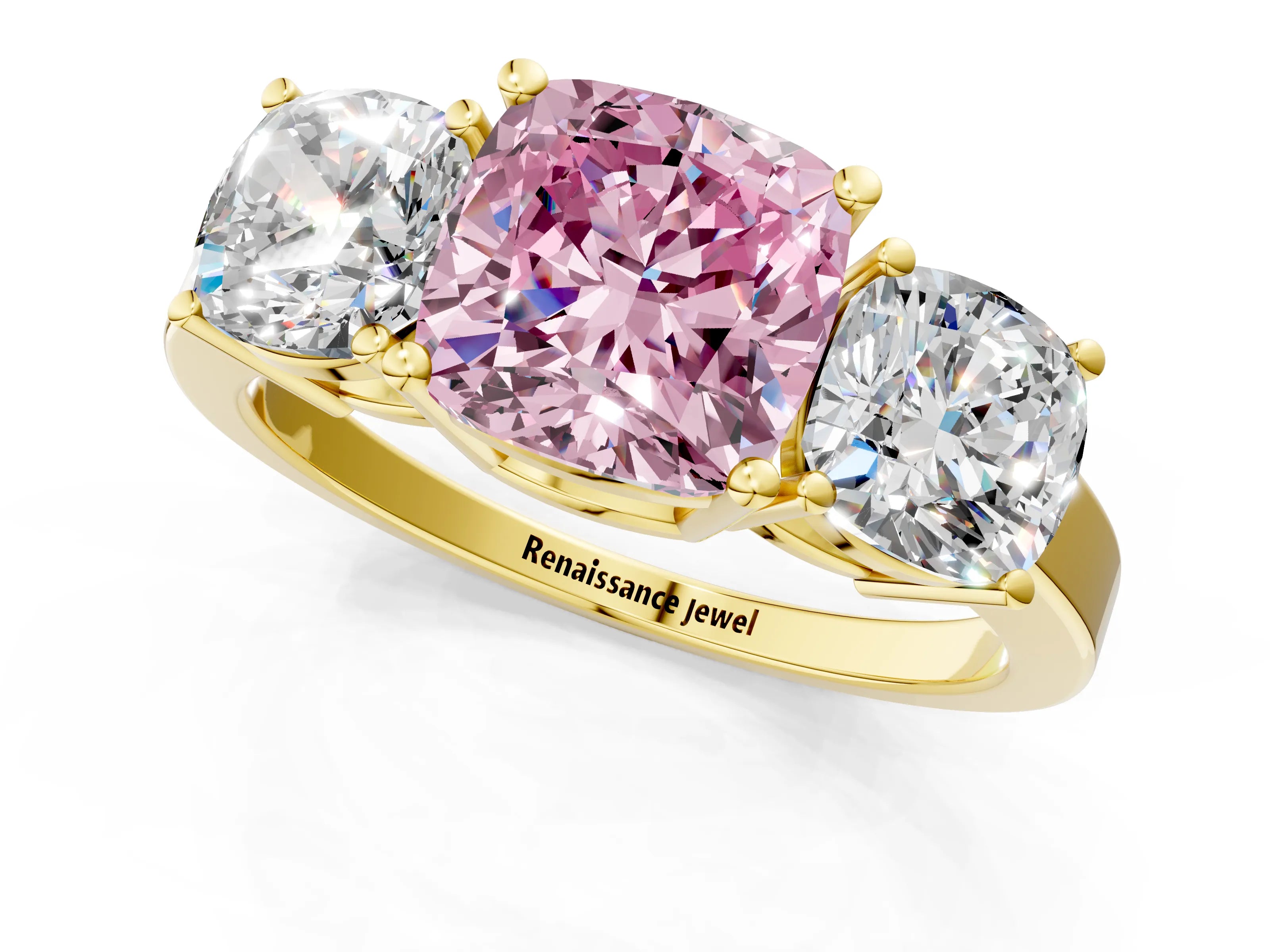 Yellow gold Three-Stone Fancy Pink Cushion Cut Cut Diamond Engagement Ring with Flat Band and Four-Prong Setting_1