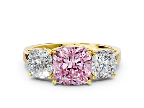 Yellow gold Three-Stone Fancy Pink Cushion Cut Cut Diamond Engagement Ring with Flat Band and Four-Prong Setting