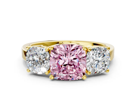 Yellow gold Three-Stone Fancy Pink Cushion Cut Cut Diamond Engagement Ring with Flat Band and Four-Prong Setting_12