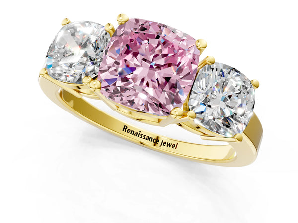Yellow gold Three-Stone Fancy Pink Cushion Cut Cut Diamond Engagement Ring with Flat Band and Four-Prong Setting