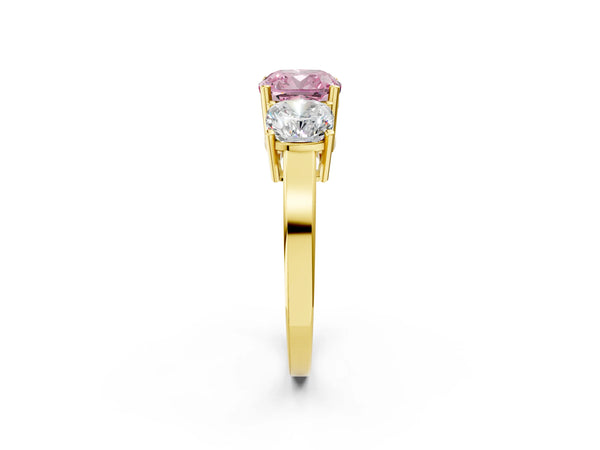 Yellow gold Three-Stone Fancy Pink Cushion Cut Cut Diamond Engagement Ring with Flat Band and Four-Prong Setting