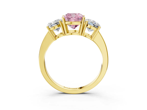 Yellow gold Three-Stone Fancy Pink Cushion Cut Cut Diamond Engagement Ring with Flat Band and Four-Prong Setting
