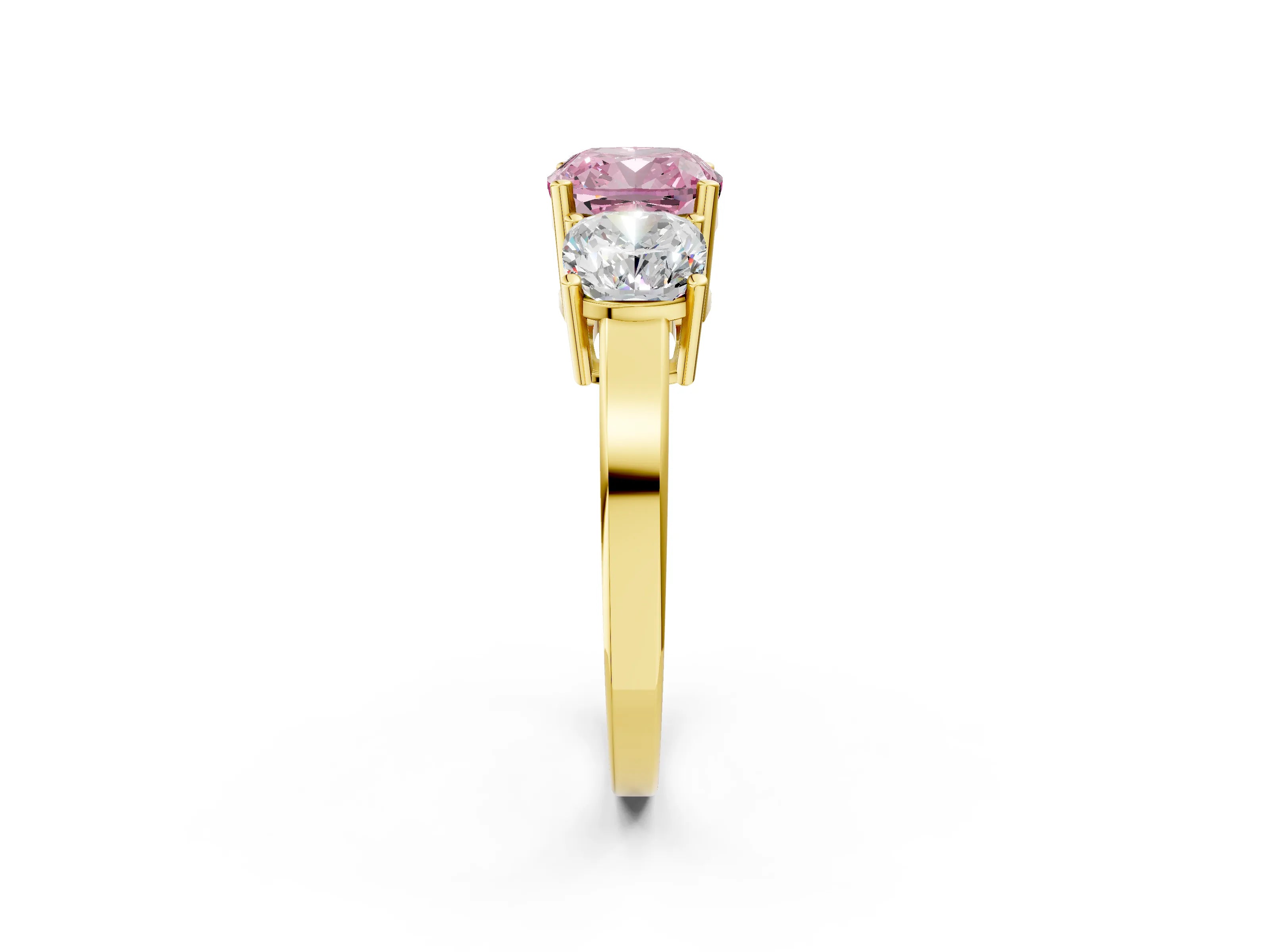 Yellow gold Three-Stone Fancy Pink Cushion Cut Cut Diamond Engagement Ring with Flat Band and Four-Prong Setting_2