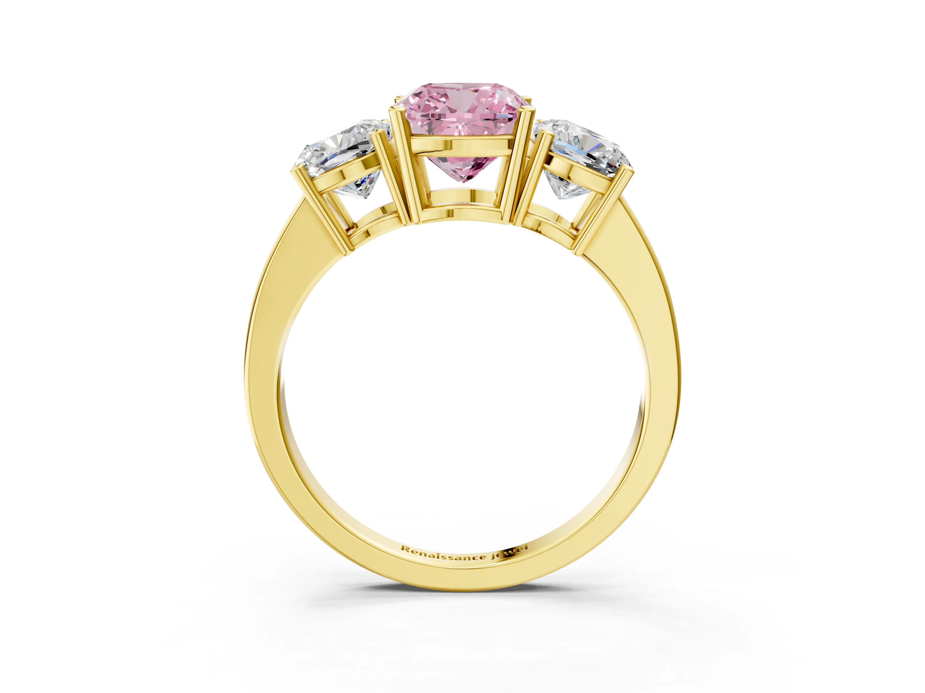 Yellow gold Three-Stone Fancy Pink Cushion Cut Cut Diamond Engagement Ring with Flat Band and Four-Prong Setting_3