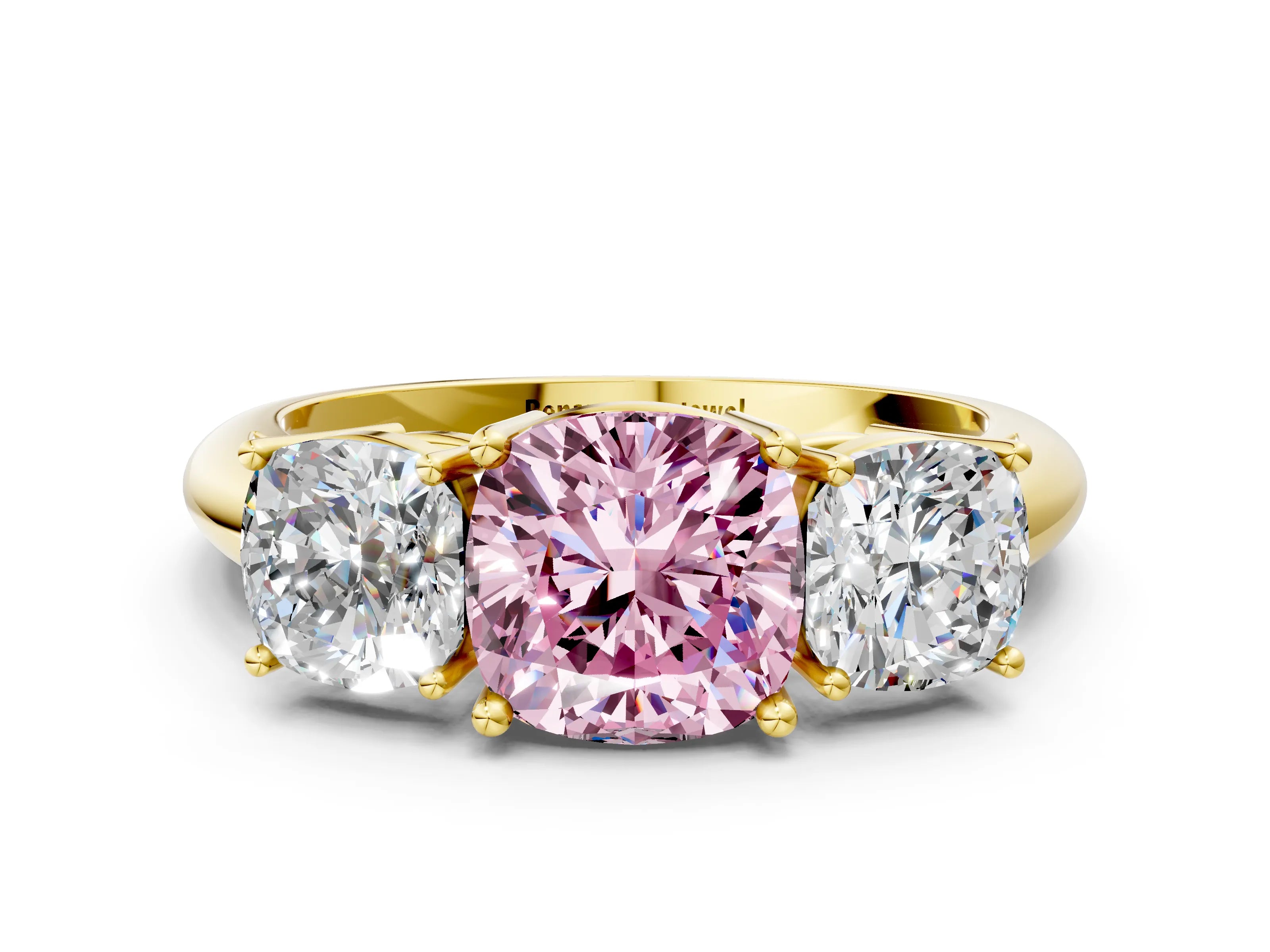Yellow gold Three-Stone Fancy Pink Cushion Cut Cut Diamond Engagement Ring with Prong Setting on a White Gold Band