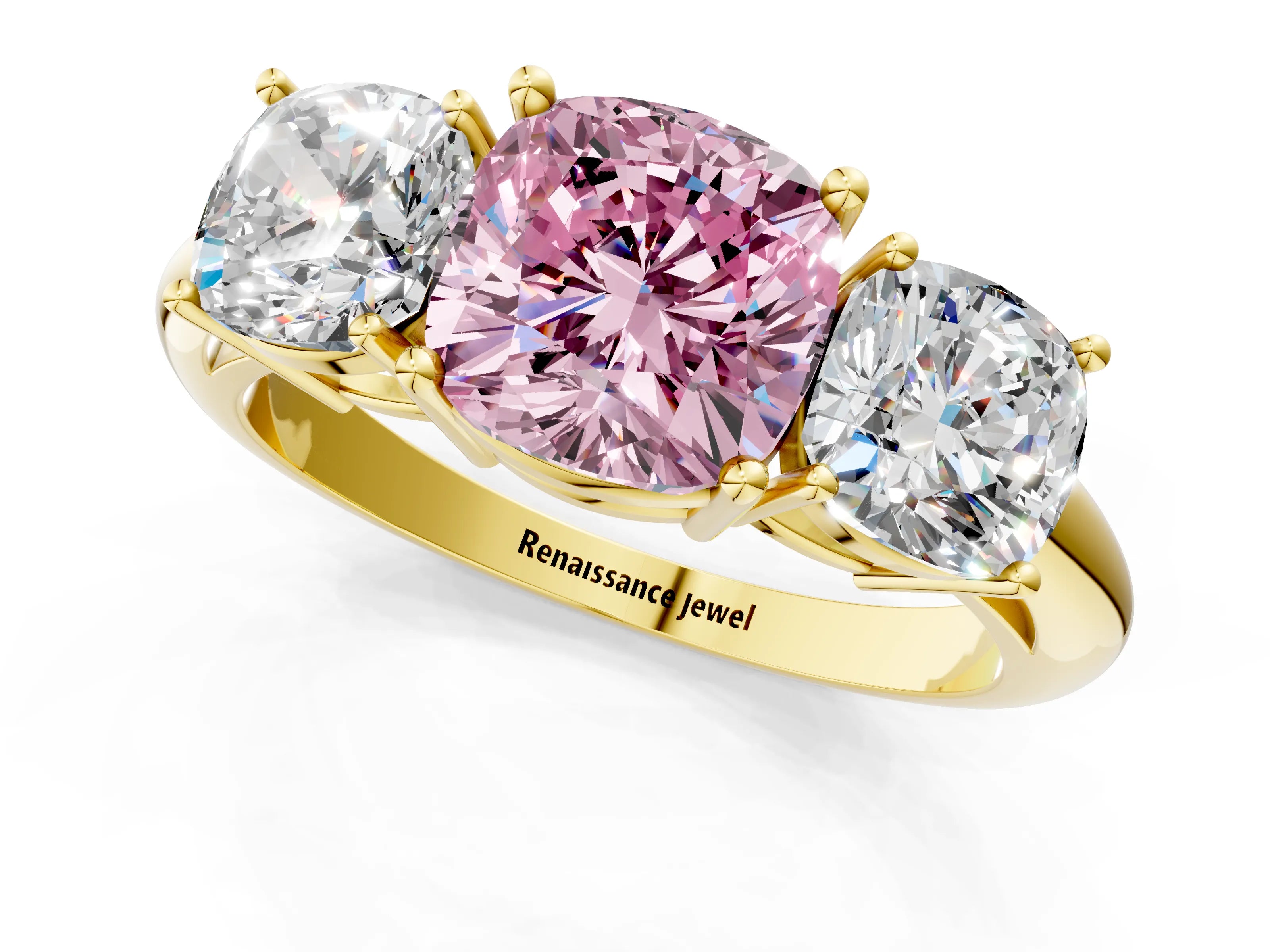 Yellow gold Three-Stone Fancy Pink Cushion Cut Cut Diamond Engagement Ring with Prong Setting on a White Gold Band_1