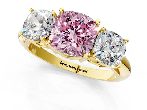 Yellow gold Three-Stone Fancy Pink Cushion Cut Cut Diamond Engagement Ring with Prong Setting on a White Gold Band_25