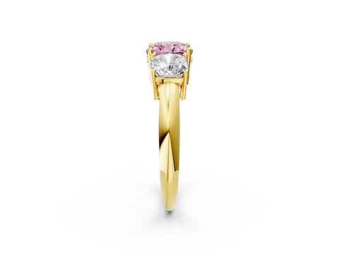 Yellow gold Three-Stone Fancy Pink Cushion Cut Cut Diamond Engagement Ring with Prong Setting on a White Gold Band_2