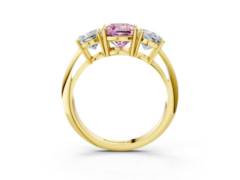 Yellow gold Three-Stone Fancy Pink Cushion Cut Cut Diamond Engagement Ring with Prong Setting on a White Gold Band_3