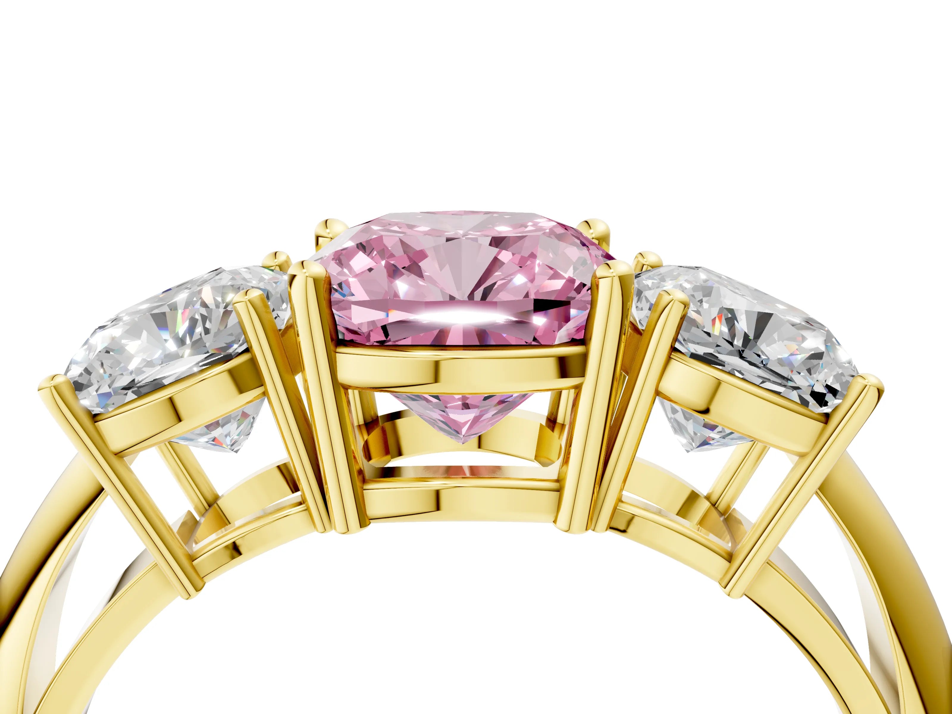 Yellow gold Three-Stone Fancy Pink Cushion Cut Cut Diamond Engagement Ring with Prong Setting on a White Gold Band_4