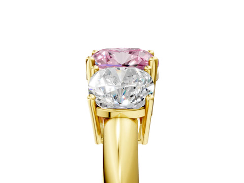Yellow gold Three-Stone Fancy Pink Cushion Cut Cut Diamond Engagement Ring with Prong Setting on a White Gold Band_5