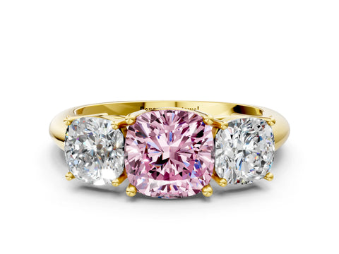 Yellow gold Three-Stone Fancy Pink Cushion Cut Cut Diamond Engagement Ring with Prong Setting on a White Gold Band