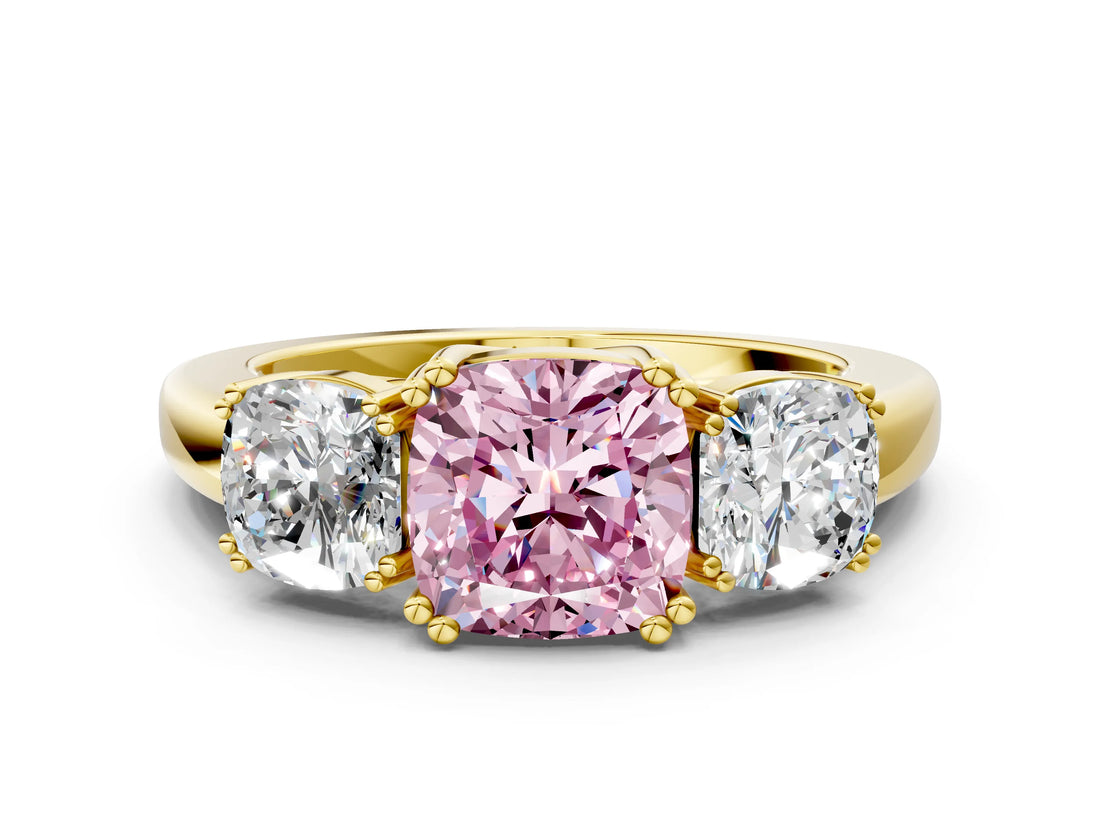 Yellow gold Three-Stone Fancy Pink Cushion Cut Cut Diamond Ring with Channel Set Band and Four-Prong Setting_24