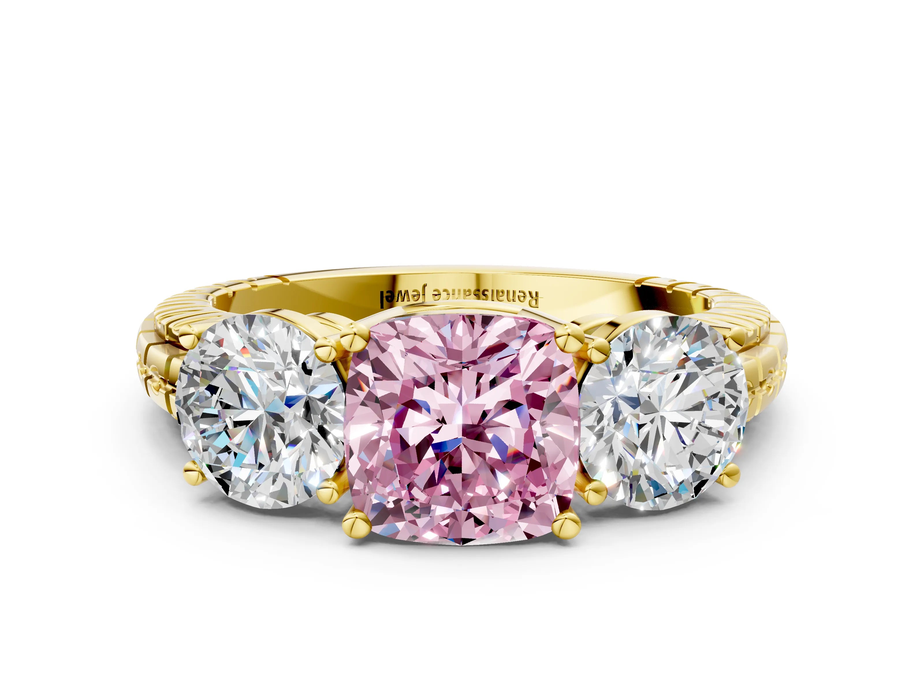 Yellow gold Three-Stone Fancy Pink Cushion Cut Cut Diamond Ring with Channel-Set Band and Prong Setting