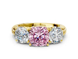 Yellow gold Three-Stone Fancy Pink Cushion Cut Cut Diamond Ring with Channel-Set Band and Prong Setting
