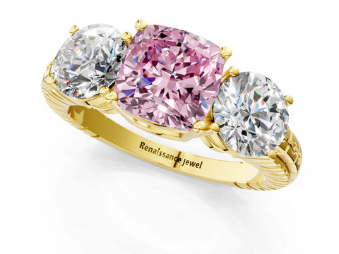 Yellow gold Three-Stone Fancy Pink Cushion Cut Cut Diamond Ring with Channel-Set Band and Prong Setting_1