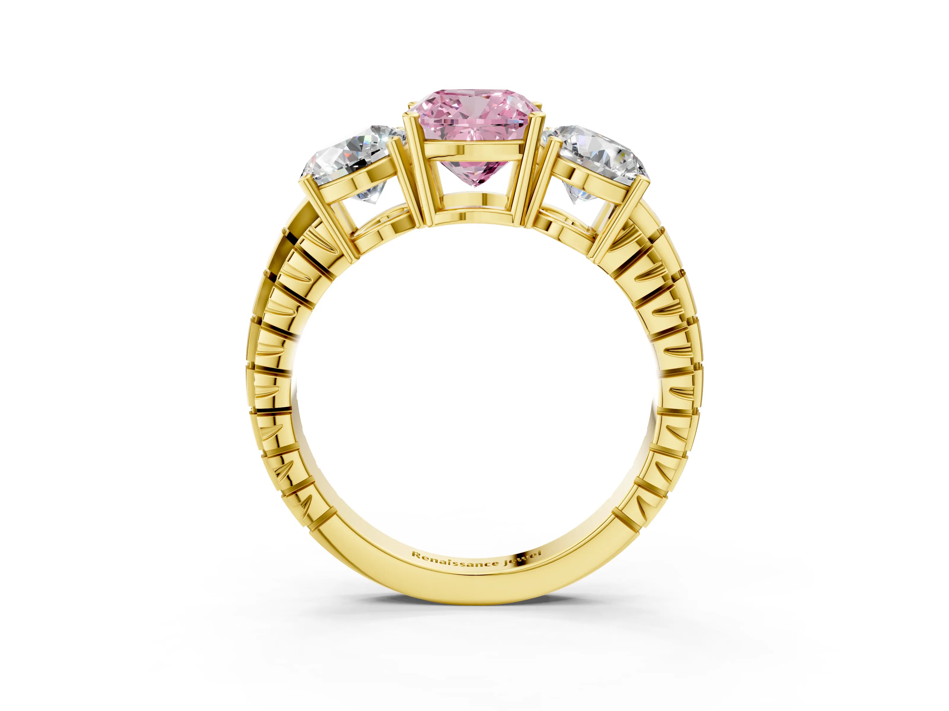 Yellow gold Three-Stone Fancy Pink Cushion Cut Cut Diamond Ring with Channel-Set Band and Prong Setting_3