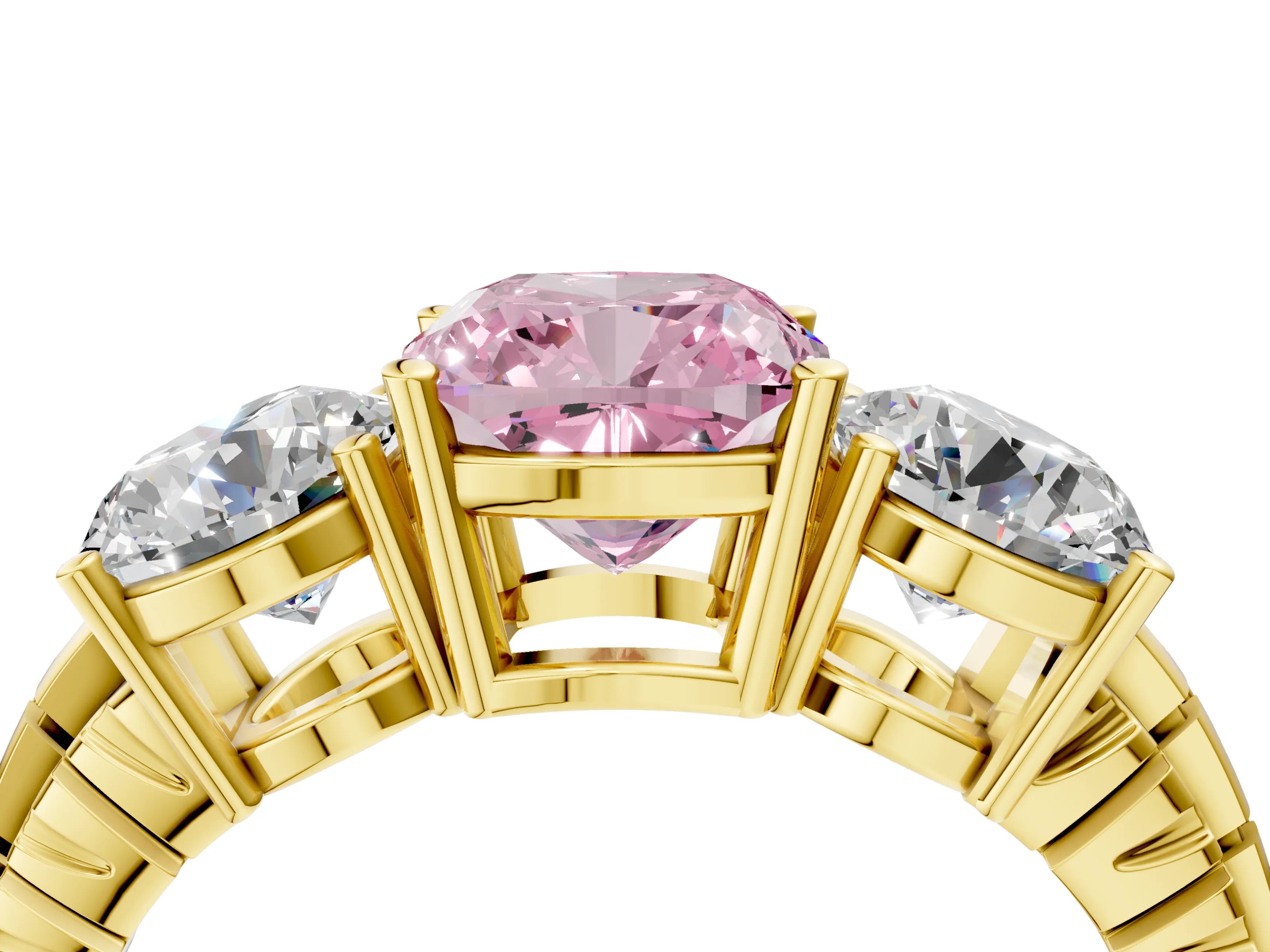 Yellow gold Three-Stone Fancy Pink Cushion Cut Cut Diamond Ring with Channel-Set Band and Prong Setting_4