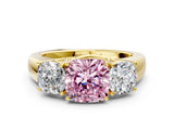 Yellow gold Three-Stone Fancy Pink Cushion Cut Cut Diamond Ring with Prong Setting and Classic Band