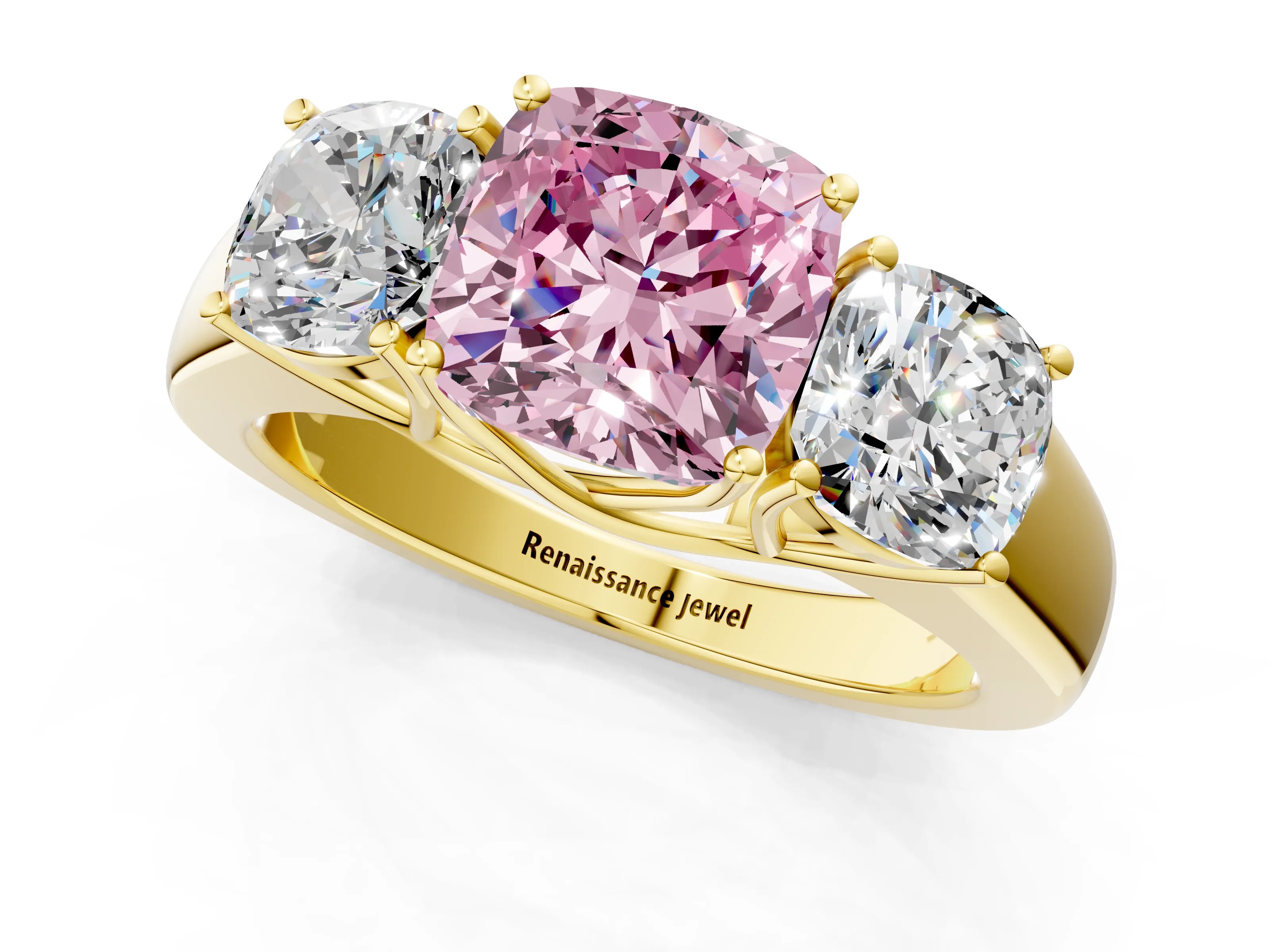 Yellow gold Three-Stone Fancy Pink Cushion Cut Cut Diamond Ring with Prong Setting and Classic Band_1
