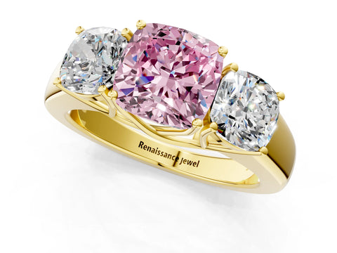 Yellow gold Three-Stone Fancy Pink Cushion Cut Cut Diamond Ring with Prong Setting and Classic Band_1