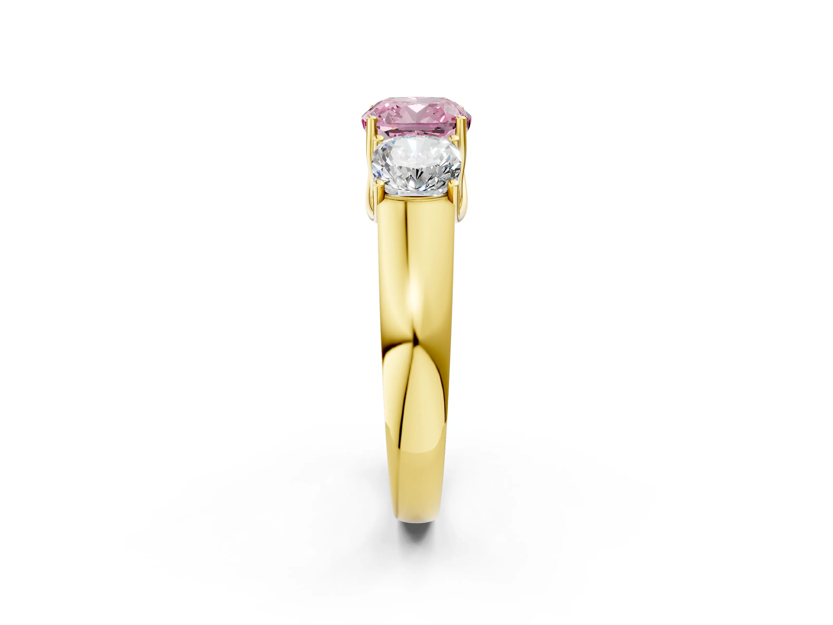 Yellow gold Three-Stone Fancy Pink Cushion Cut Cut Diamond Ring with Prong Setting and Classic Band_2